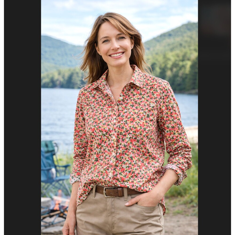 LL Bean Pinpoint Oxford Shirt Large Wrinkle Free Pink Coral Floral Cotton Pocket